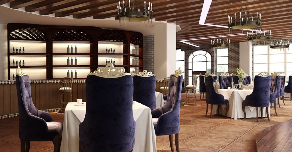 Sophisticated luxury restaurant interior featuring elegant chandeliers and plush seating, perfect for fine dining.